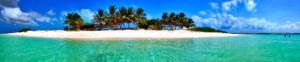 Cow Wreck Beach seen from the water, with a small, laid back, rustic beach bar nestled among palm trees on the white sand, featured in our Anegada Day Trips.